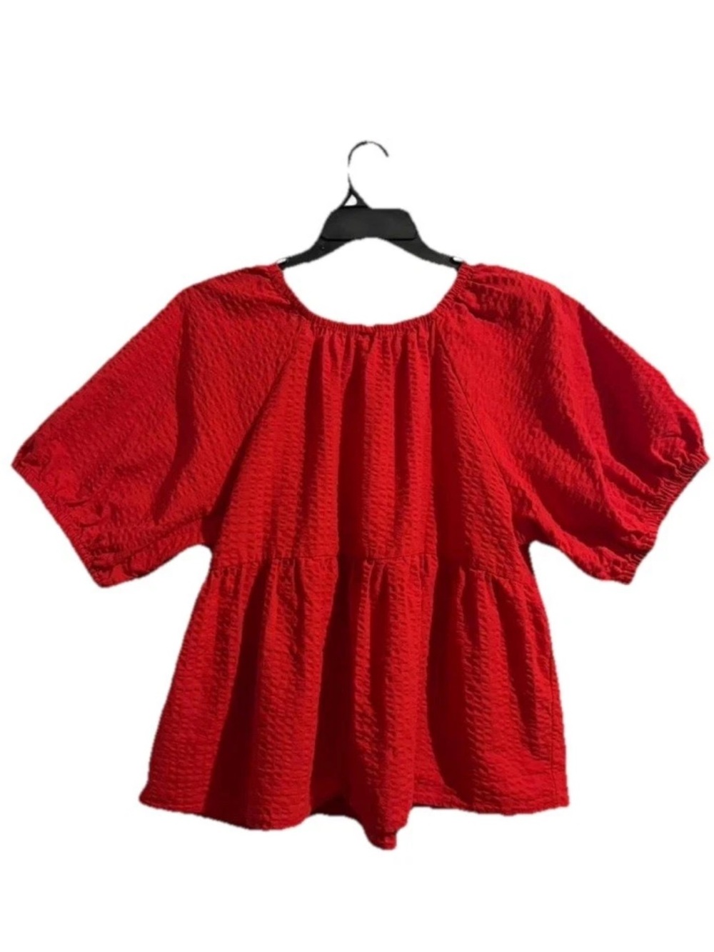 Old Navy Red Textured Peplum Blouse XL Puff Sleeve Boho Top - Picture 2 of 11